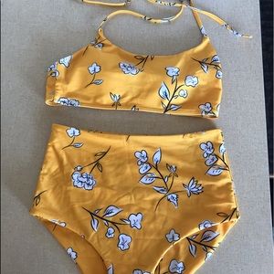 High waisted flowery two piece bikini yellow